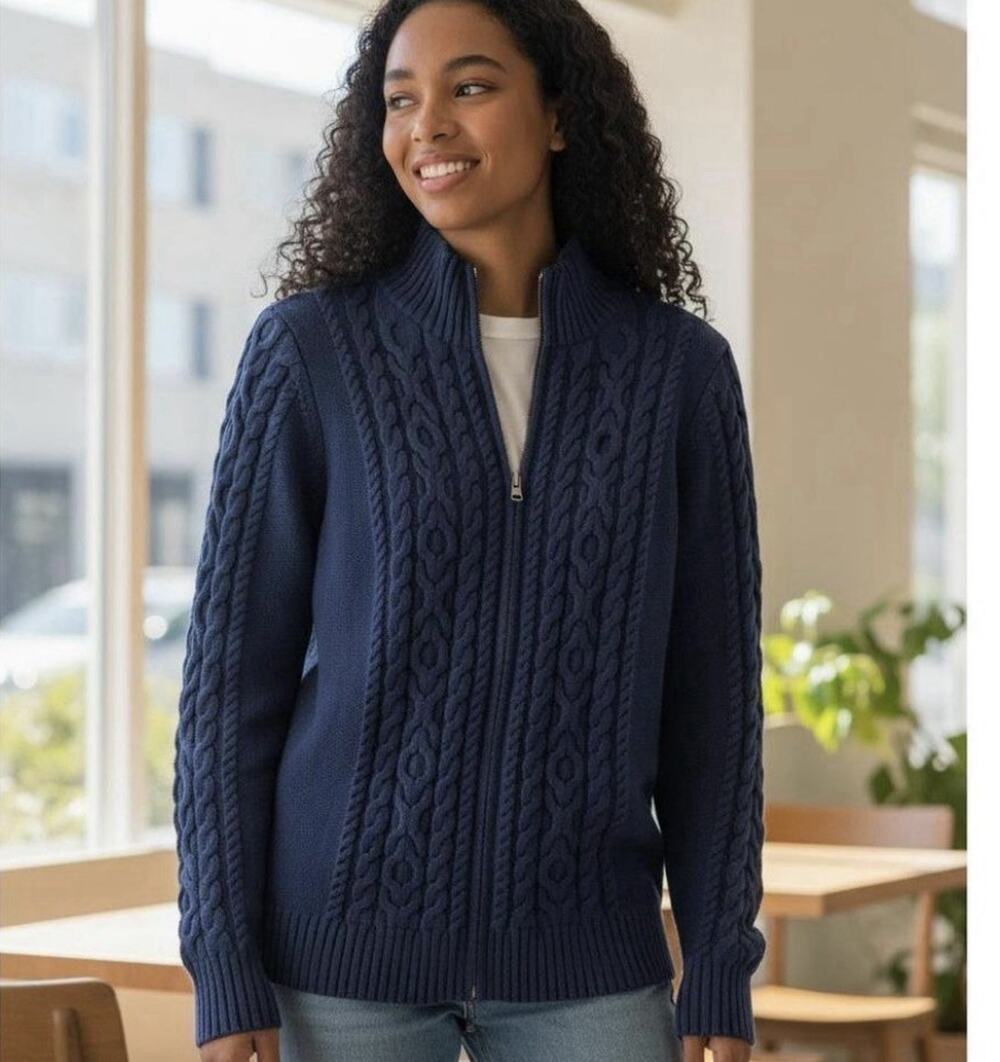 LL Bean Blue Cotton Cable Knit Full Zip Cardigan S Sweater Nautical Coastal